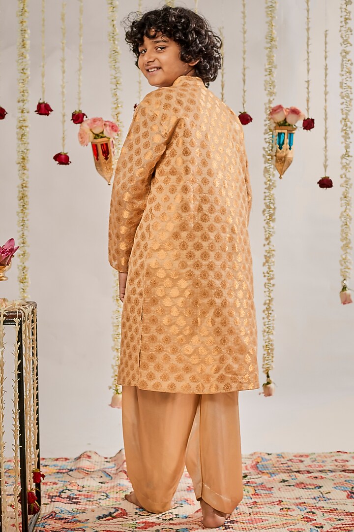 Gold Jacquard Embroidered Kurta Set For Boys by BYB PREMIUM at Pernia's Pop Up Shop