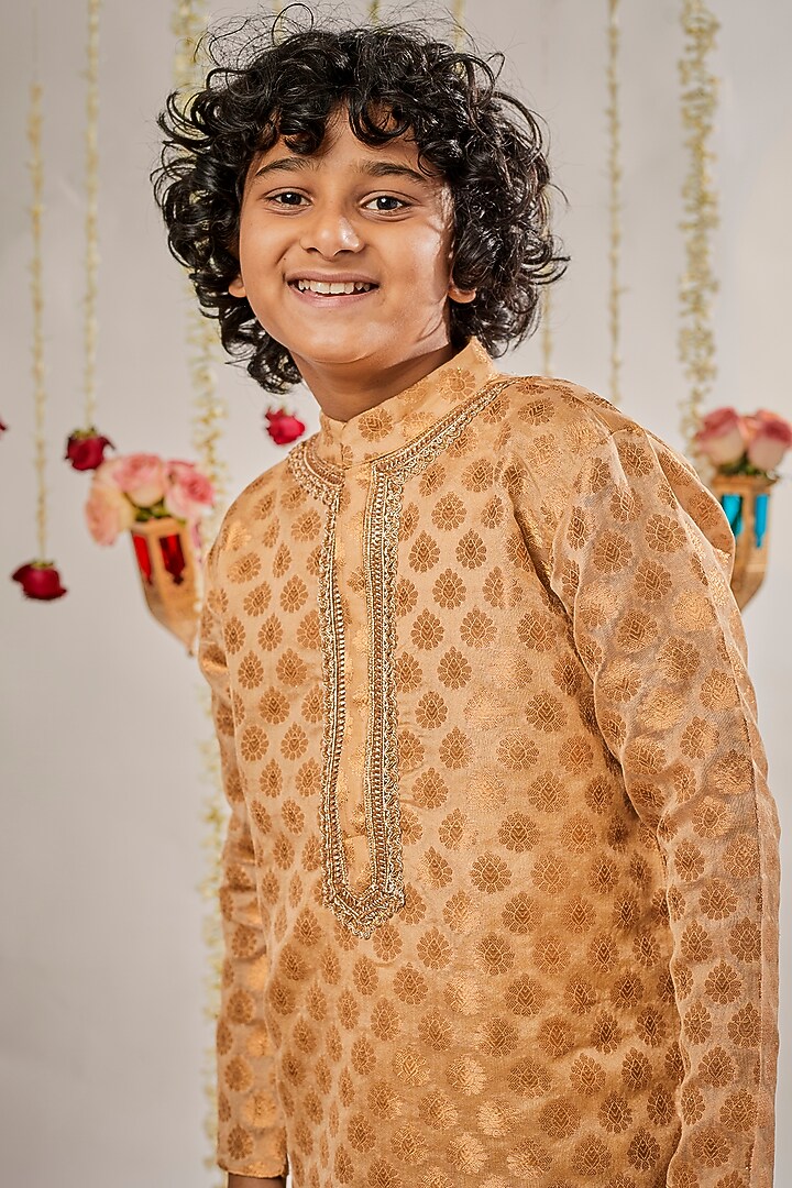 Gold Jacquard Embroidered Kurta Set For Boys by BYB PREMIUM at Pernia's Pop Up Shop