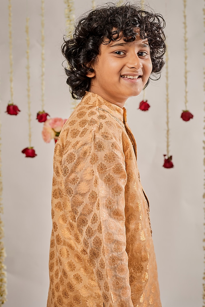 Gold Jacquard Embroidered Kurta Set For Boys by BYB PREMIUM at Pernia's Pop Up Shop