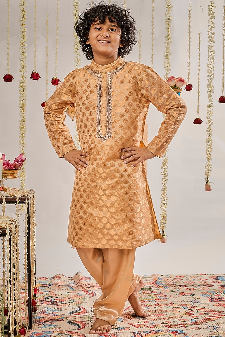 Gold Jacquard Embroidered Kurta Set For Boys by BYB PREMIUM at Pernia's Pop Up Shop