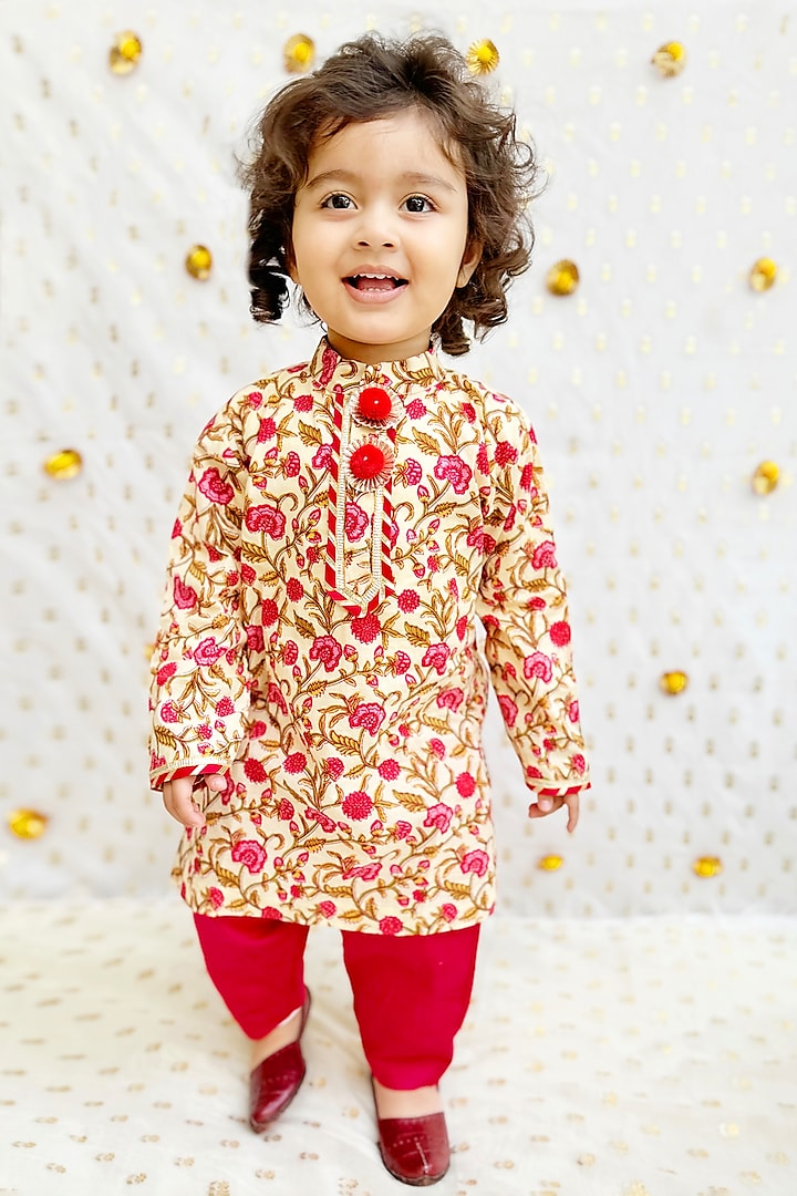 Multi-Colored Pure Cotton Floral Printed Kurta Set For Boys by BYB PREMIUM