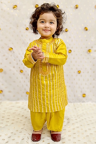 Mustard Yellow Raw Silk Dhoti Set For Boys by BYB PREMIUM