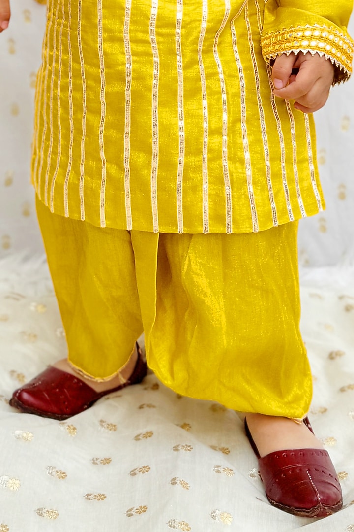 Mustard Yellow Raw Silk Dhoti Set For Boys by BYB PREMIUM at Pernia's Pop Up Shop