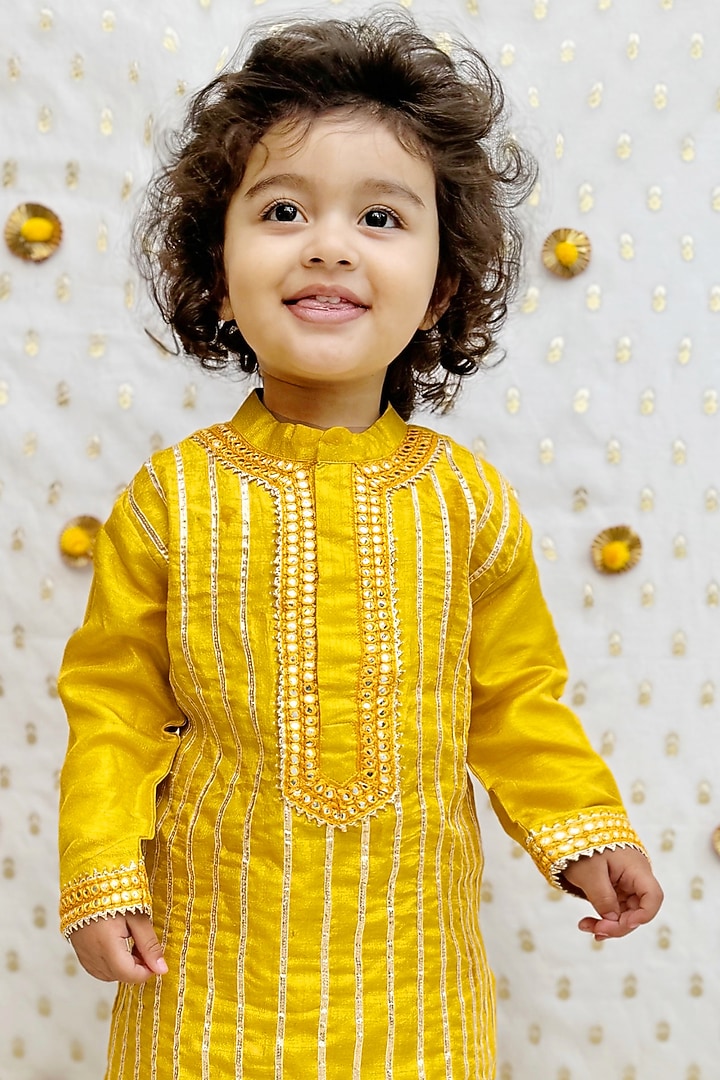 Mustard Yellow Raw Silk Dhoti Set For Boys by BYB PREMIUM at Pernia's Pop Up Shop