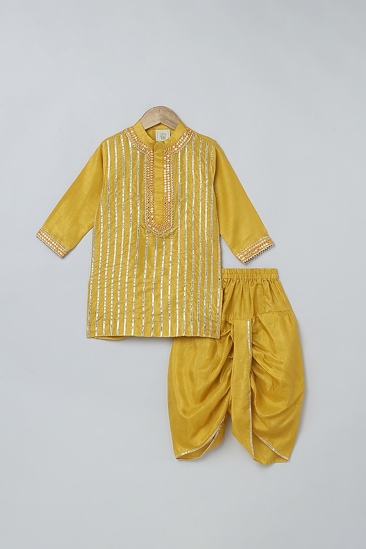 Mustard Yellow Raw Silk Dhoti Set For Boys by BYB PREMIUM at Pernia's Pop Up Shop