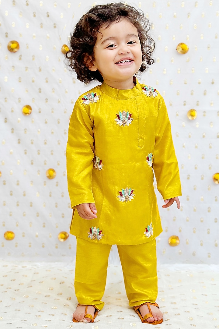 Mustard Yellow Silk Floral Embroidered Kurta Set For Boys by BYB PREMIUM