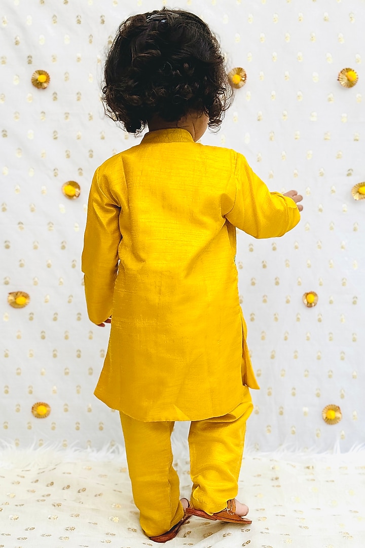 Mustard Yellow Silk Floral Embroidered Kurta Set For Boys by BYB PREMIUM at Pernia's Pop Up Shop
