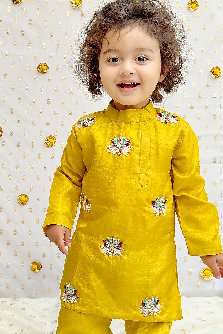 Mustard Yellow Silk Floral Embroidered Kurta Set For Boys by BYB PREMIUM at Pernia's Pop Up Shop