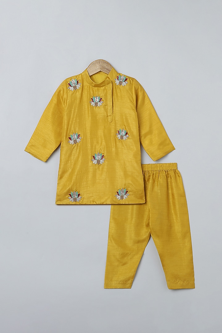 Mustard Yellow Silk Floral Embroidered Kurta Set For Boys by BYB PREMIUM at Pernia's Pop Up Shop