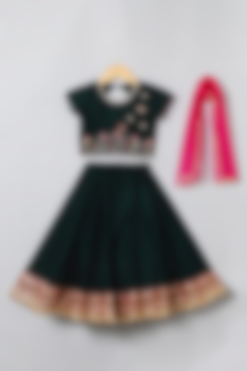 Dark Green Velvet Lace Embroidered Lehenga Set For Girls by BYB PREMIUM at Pernia's Pop Up Shop