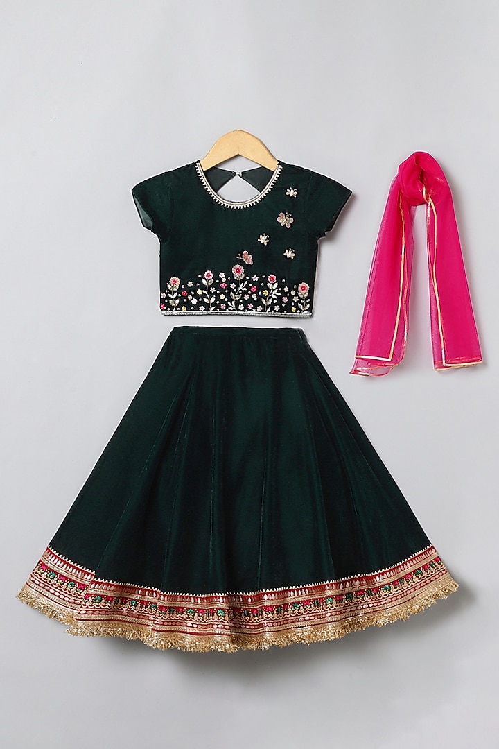 Dark Green Velvet Lace Embroidered Lehenga Set For Girls by BYB PREMIUM at Pernia's Pop Up Shop