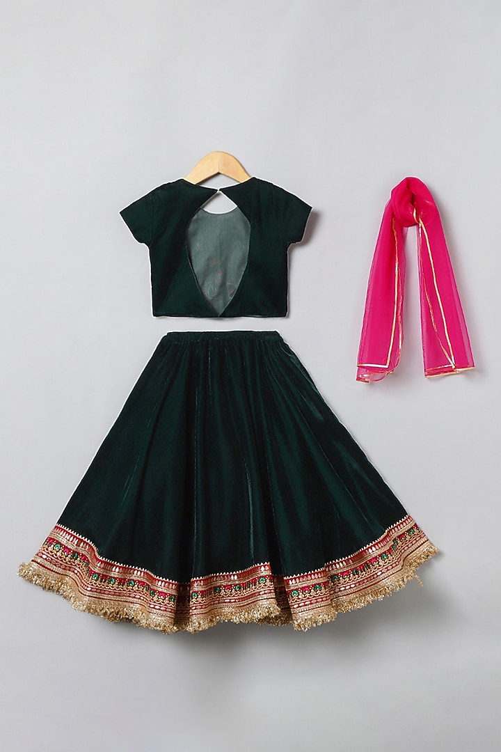 Dark Green Velvet Lace Embroidered Lehenga Set For Girls by BYB PREMIUM at Pernia's Pop Up Shop