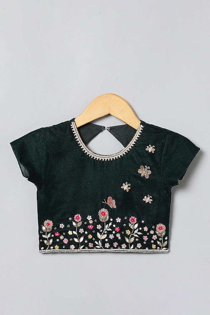 Dark Green Velvet Lace Embroidered Lehenga Set For Girls by BYB PREMIUM at Pernia's Pop Up Shop