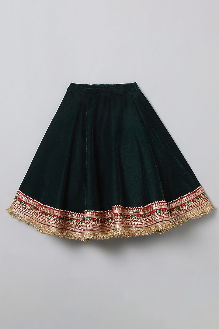 Dark Green Velvet Lace Embroidered Lehenga Set For Girls by BYB PREMIUM at Pernia's Pop Up Shop