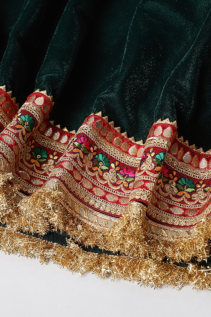 Dark Green Velvet Lace Embroidered Lehenga Set For Girls by BYB PREMIUM at Pernia's Pop Up Shop