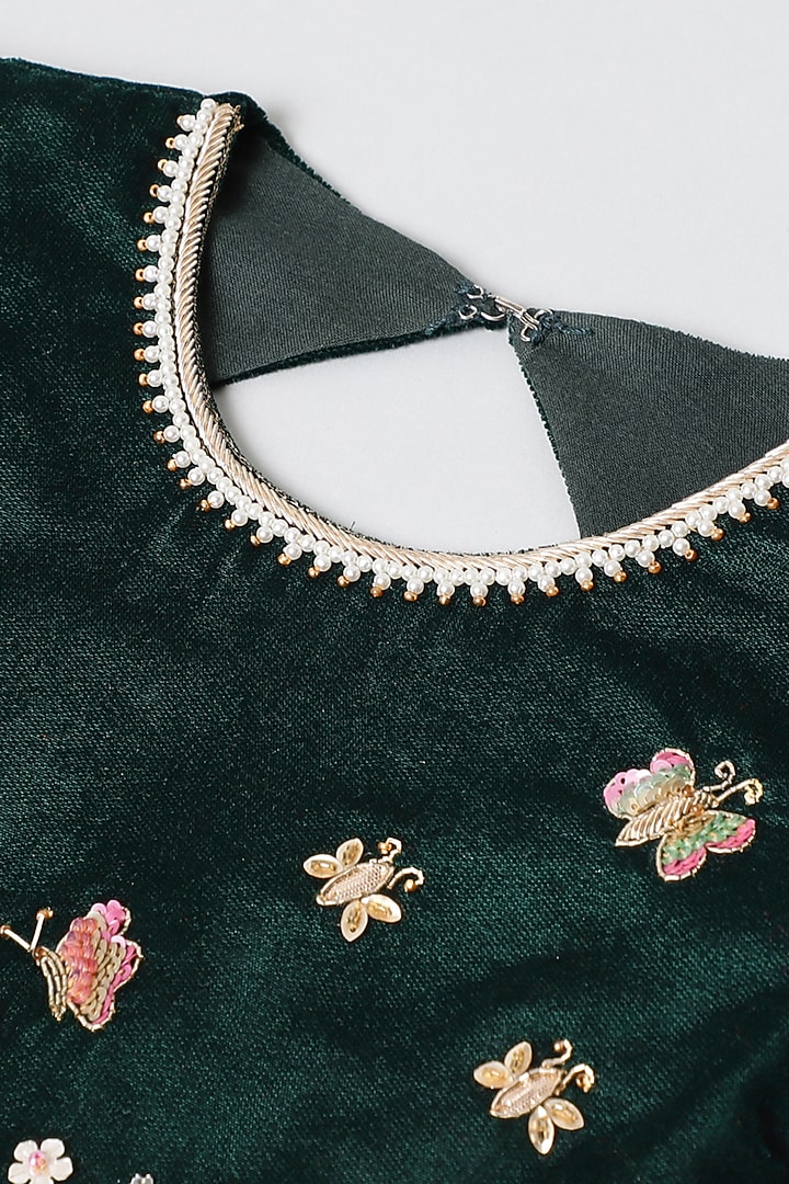 Dark Green Velvet Lace Embroidered Lehenga Set For Girls by BYB PREMIUM at Pernia's Pop Up Shop