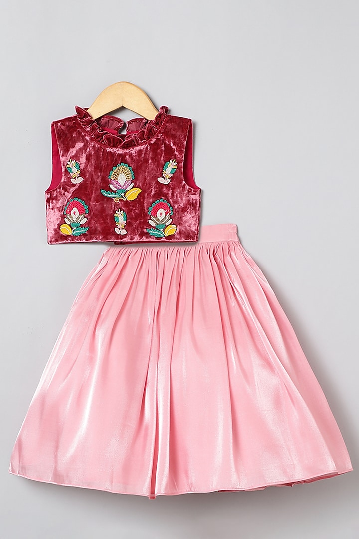 Pink Glass Tissue Embroidered Skirt Set For Girls by BYB PREMIUM at Pernia's Pop Up Shop