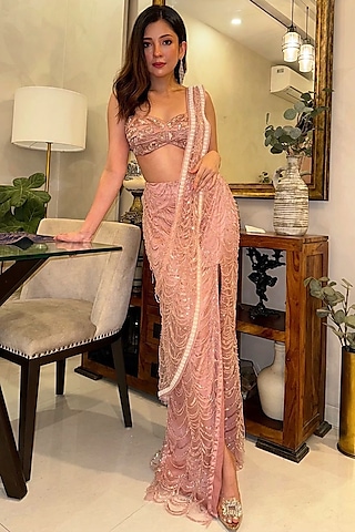 Blush Pink Mesh Hand Embroidered Pre-Draped Saree Set by Saanjh by Lea