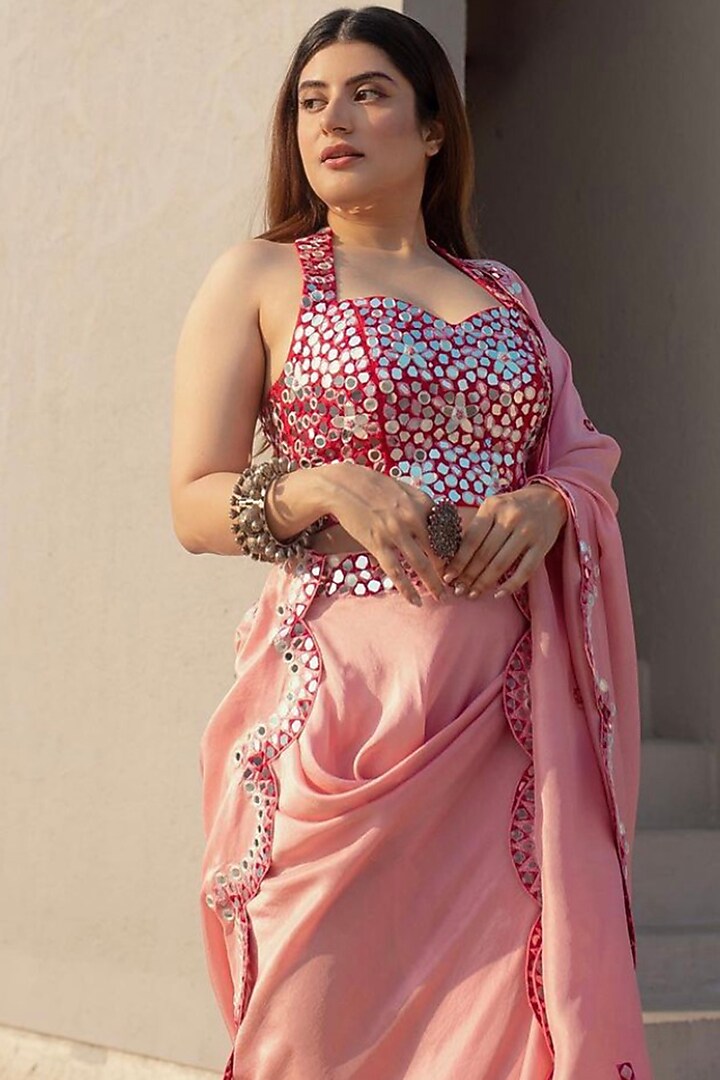 Baby Pink & Blood-Red Draped Skirt Set by Nitara Dhanraj Label at Pernia's Pop Up Shop