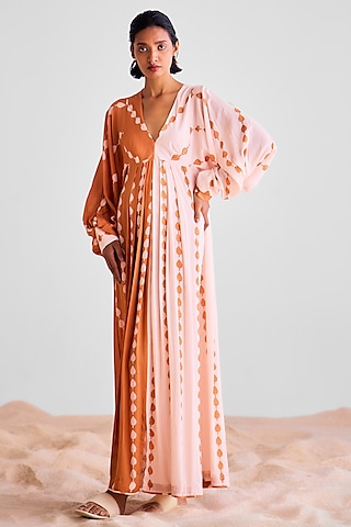 Peach Pink & Rust Orange Modal Printed Kaftan Dress by Cotton and Clay
