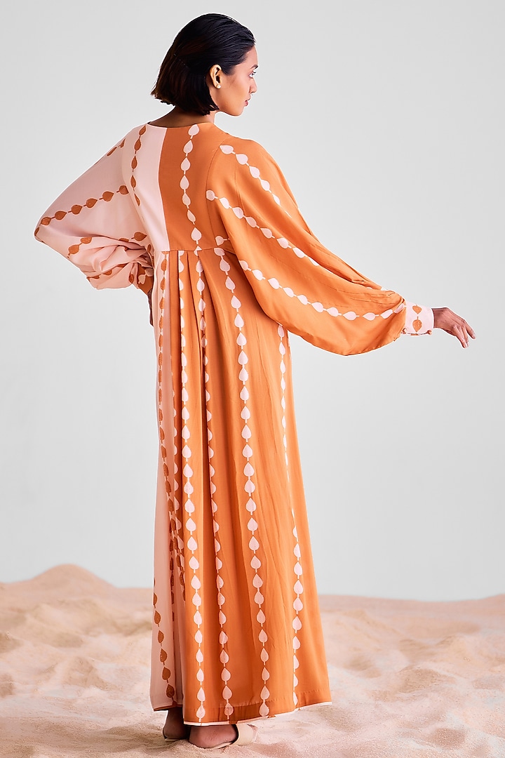 Peach Pink & Rust Orange Modal Printed Kaftan Dress by Cotton and Clay at Pernia's Pop Up Shop