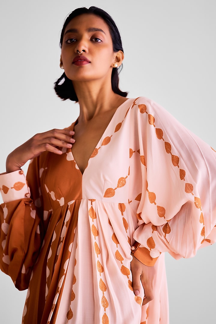Peach Pink & Rust Orange Modal Printed Kaftan Dress by Cotton and Clay at Pernia's Pop Up Shop