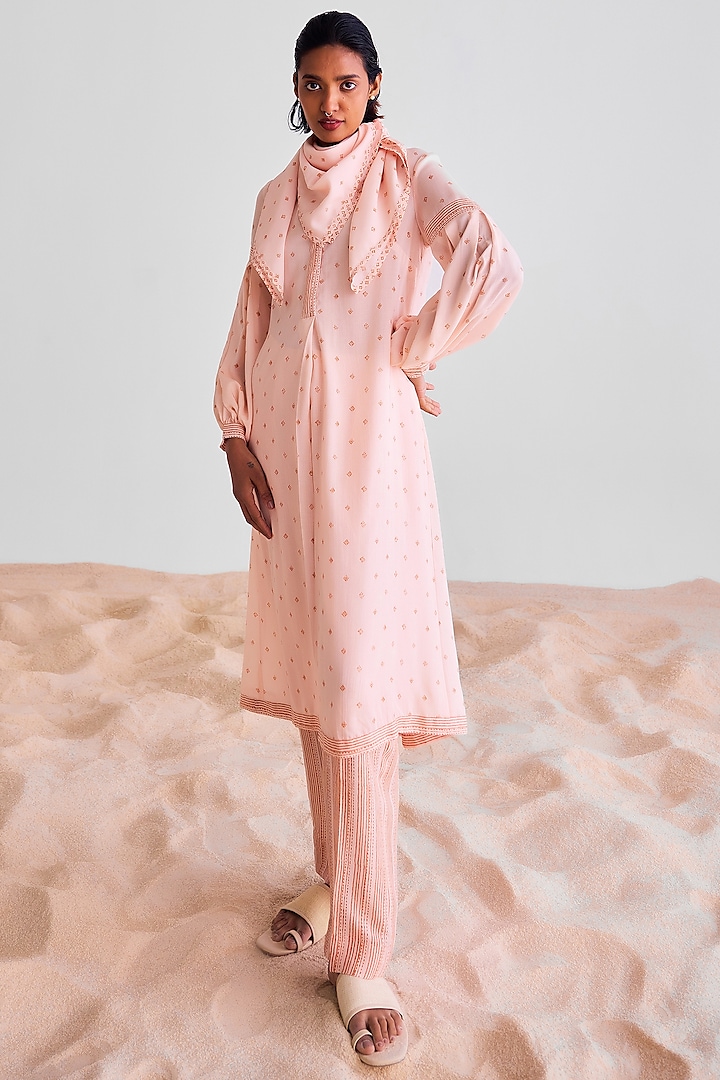 Peach Pink Modal Printed Kurta Set by Cotton and Clay at Pernia's Pop Up Shop