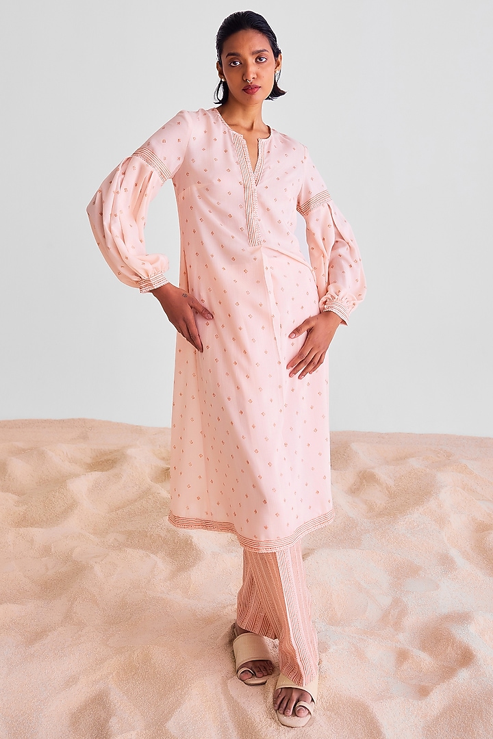 Peach Pink Modal Printed Kurta Set by Cotton and Clay at Pernia's Pop Up Shop
