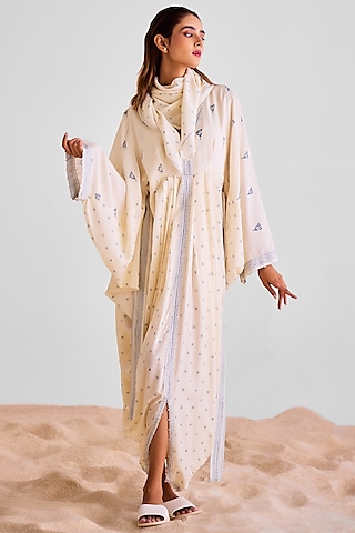 Off-White Modal Pleated Dress With Scarf by Cotton and Clay