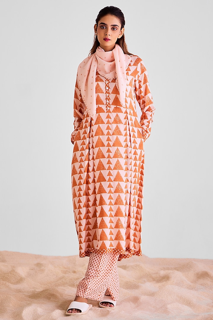 Peach Pink & Rust Orange Modal Printed Kurta Set by Cotton and Clay at Pernia's Pop Up Shop