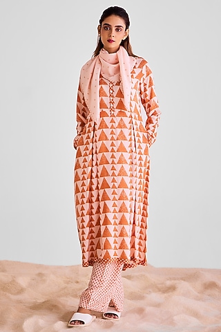 Peach Pink & Rust Orange Modal Printed Kurta Set by Cotton and Clay