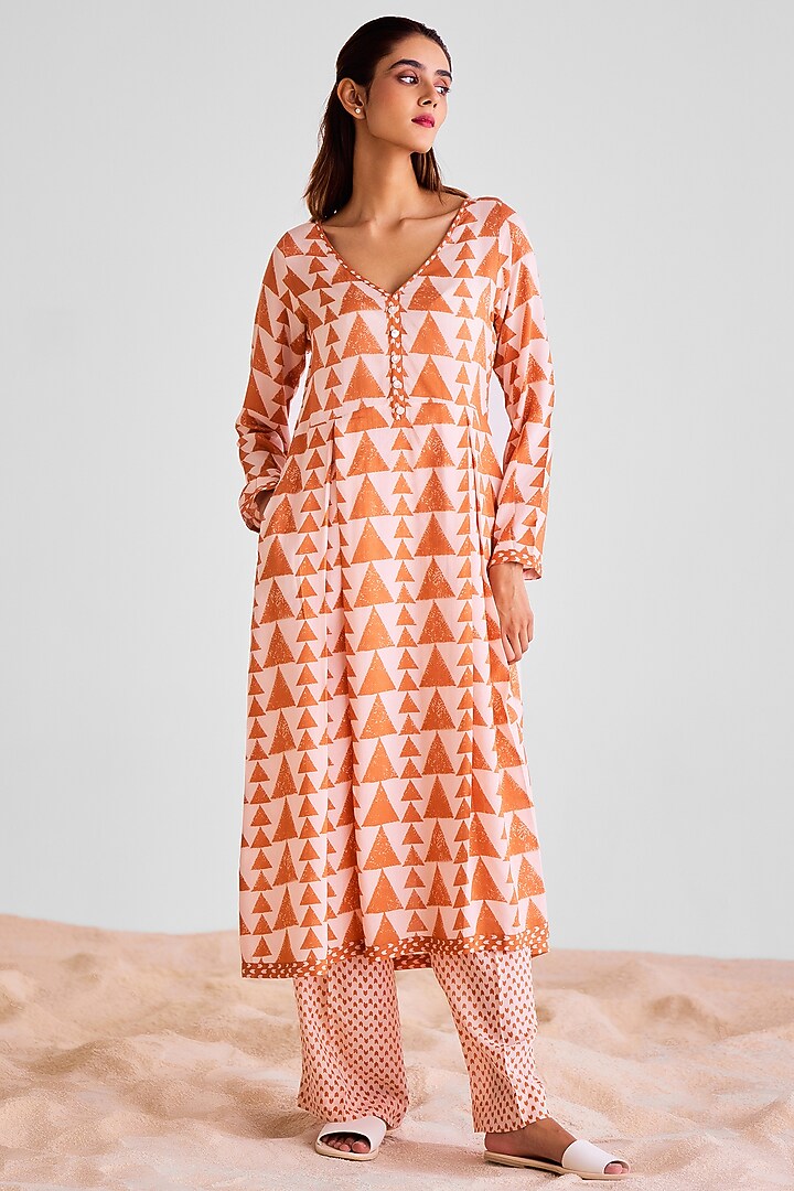 Peach Pink & Rust Orange Modal Printed Kurta Set by Cotton and Clay at Pernia's Pop Up Shop