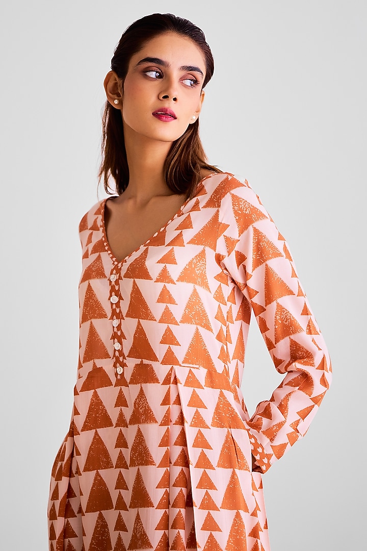Peach Pink & Rust Orange Modal Printed Kurta Set by Cotton and Clay at Pernia's Pop Up Shop