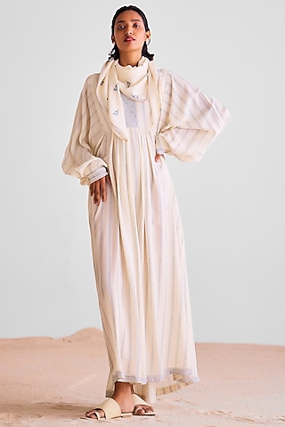 Off-White Modal Printed Kaftan Dress With Scarf by Cotton and Clay