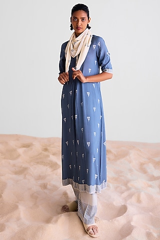 Blue-Grey & Off-White Modal Printed Kurta Set by Cotton and Clay