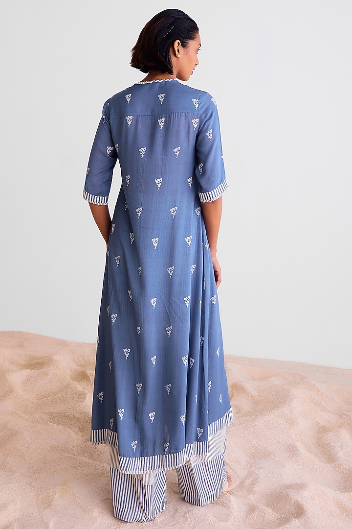 Blue-Grey & Off-White Modal Printed Kurta Set by Cotton and Clay at Pernia's Pop Up Shop