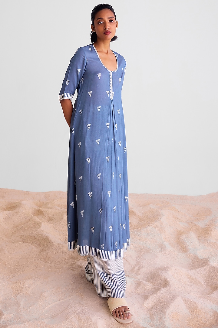 Blue-Grey & Off-White Modal Printed Kurta Set by Cotton and Clay at Pernia's Pop Up Shop