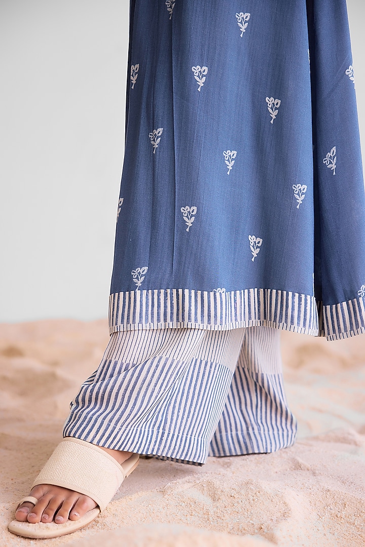 Blue-Grey & Off-White Modal Printed Kurta Set by Cotton and Clay at Pernia's Pop Up Shop