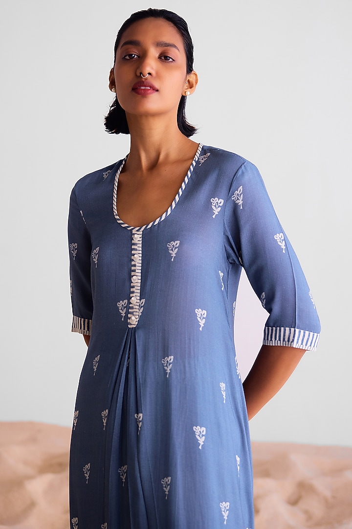 Blue-Grey & Off-White Modal Printed Kurta Set by Cotton and Clay at Pernia's Pop Up Shop