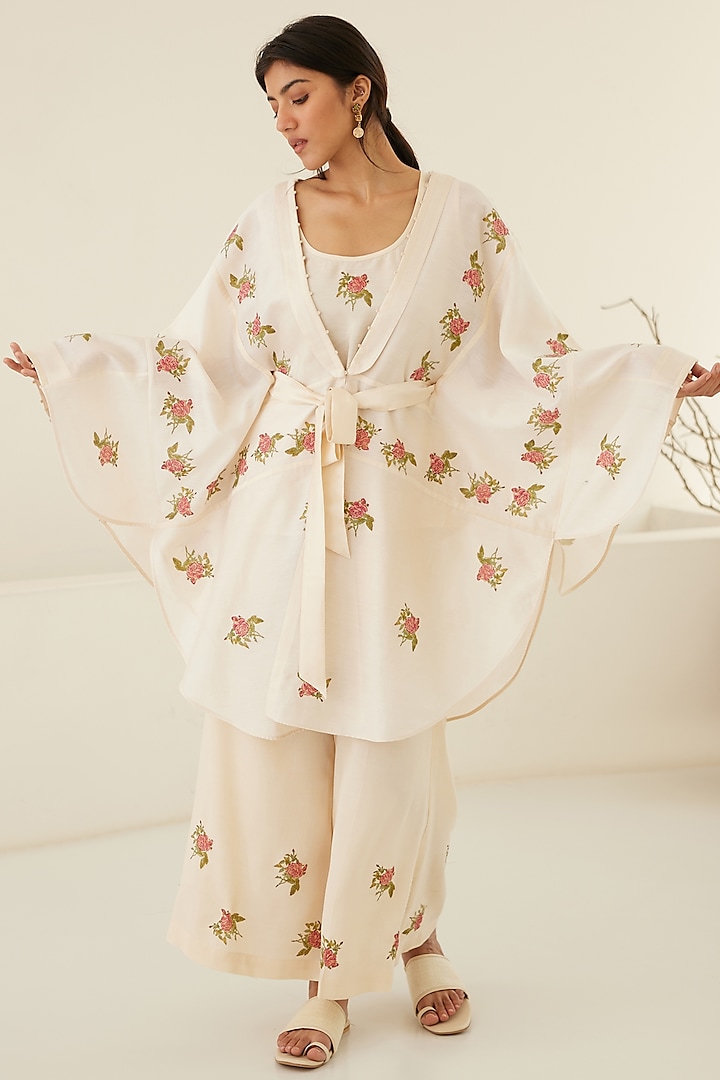 Pristine White Chanderi & Modal Hand Block Printed Kimono Set by Cotton and Clay