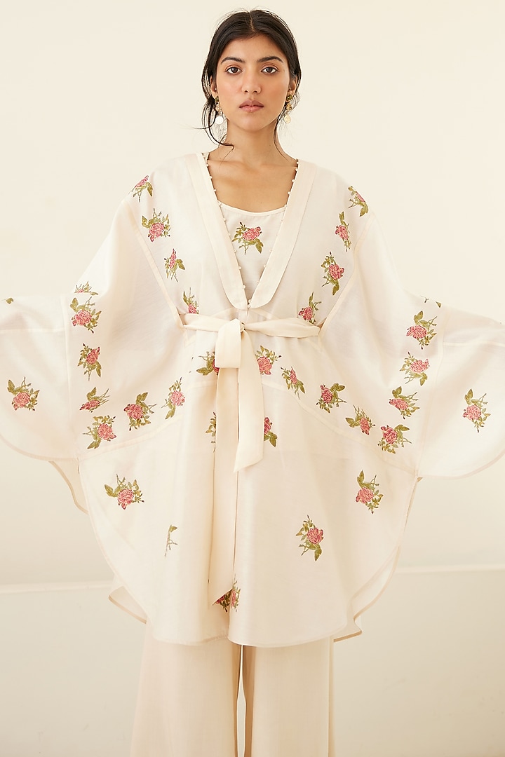 Pristine White Chanderi & Modal Hand Block Printed Kimono Set by Cotton and Clay at Pernia's Pop Up Shop