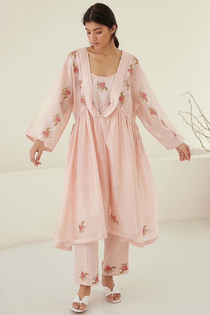 Crystal Pink Silk Voile & Modal Hand Block Printed Kimono Set by Cotton and Clay