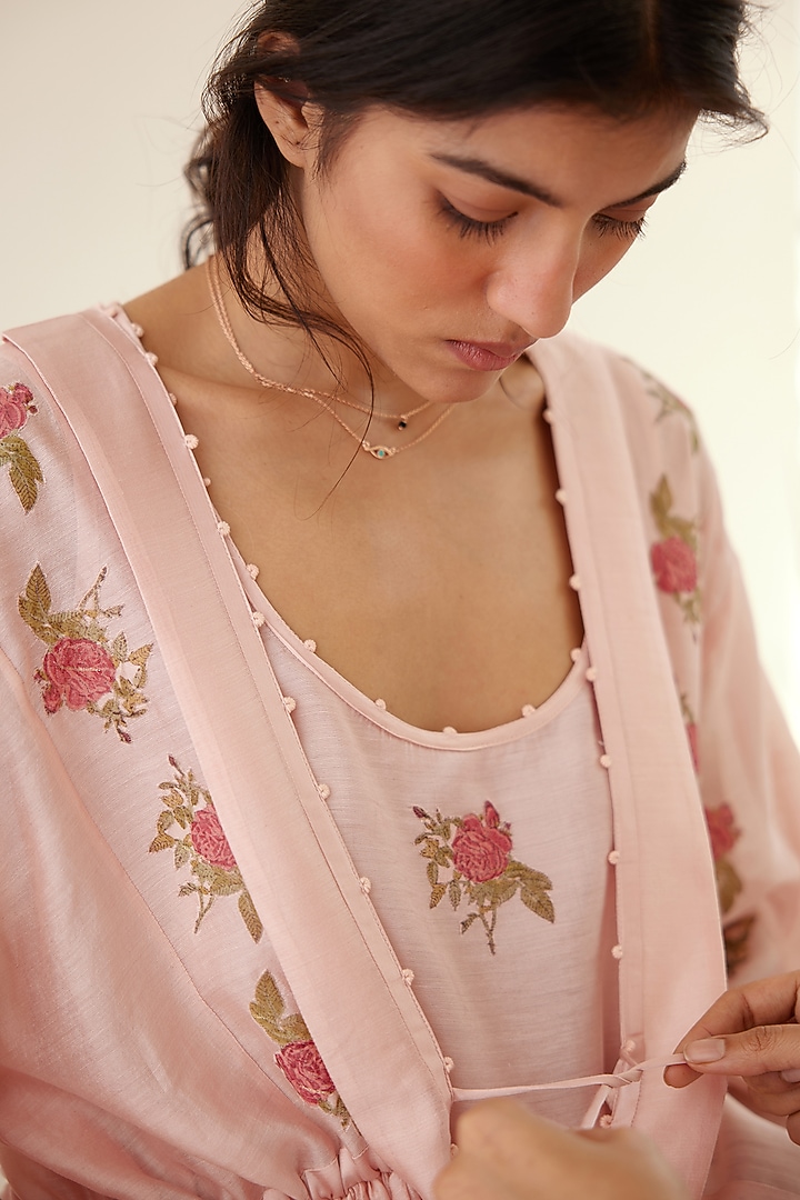 Crystal Pink Silk Voile & Modal Hand Block Printed Kimono Set by Cotton and Clay at Pernia's Pop Up Shop