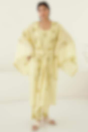 Canary Yellow Chanderi & Modal Hand Block Printed Kimono Set by Cotton and Clay at Pernia's Pop Up Shop