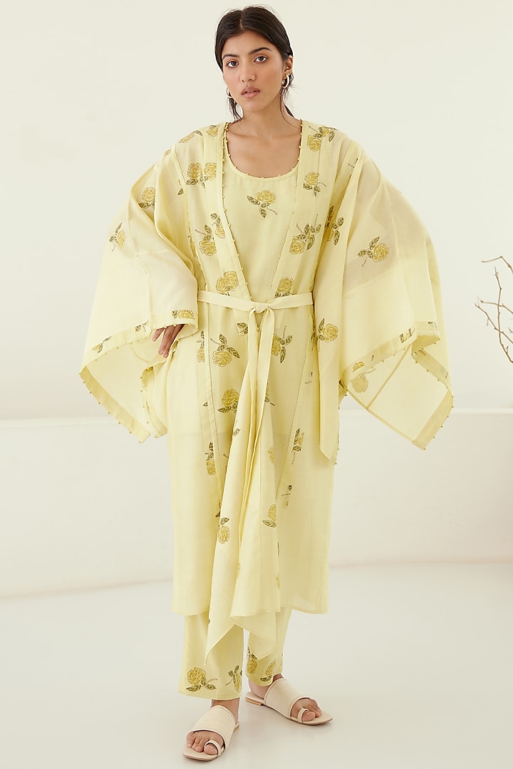 Canary Yellow Chanderi & Modal Hand Block Printed Kimono Set by Cotton and Clay at Pernia's Pop Up Shop