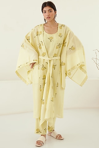 Canary Yellow Chanderi & Modal Hand Block Printed Kimono Set by Cotton and Clay