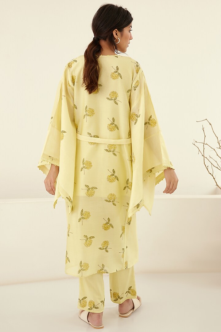 Canary Yellow Chanderi & Modal Hand Block Printed Kimono Set by Cotton and Clay at Pernia's Pop Up Shop