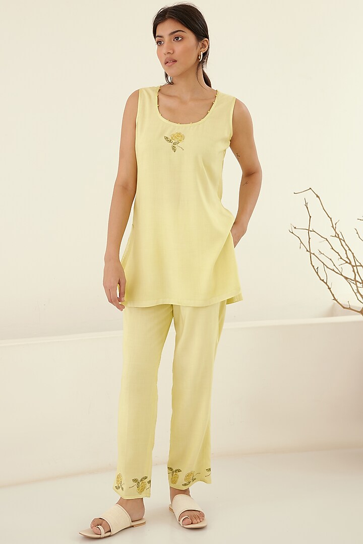 Canary Yellow Chanderi & Modal Hand Block Printed Kimono Set by Cotton and Clay at Pernia's Pop Up Shop