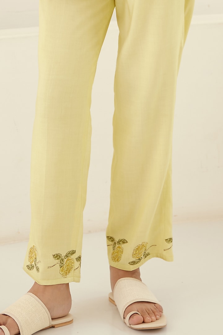 Canary Yellow Chanderi & Modal Hand Block Printed Kimono Set by Cotton and Clay at Pernia's Pop Up Shop