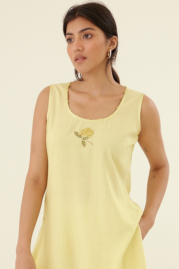 Canary Yellow Chanderi & Modal Hand Block Printed Kimono Set by Cotton and Clay at Pernia's Pop Up Shop